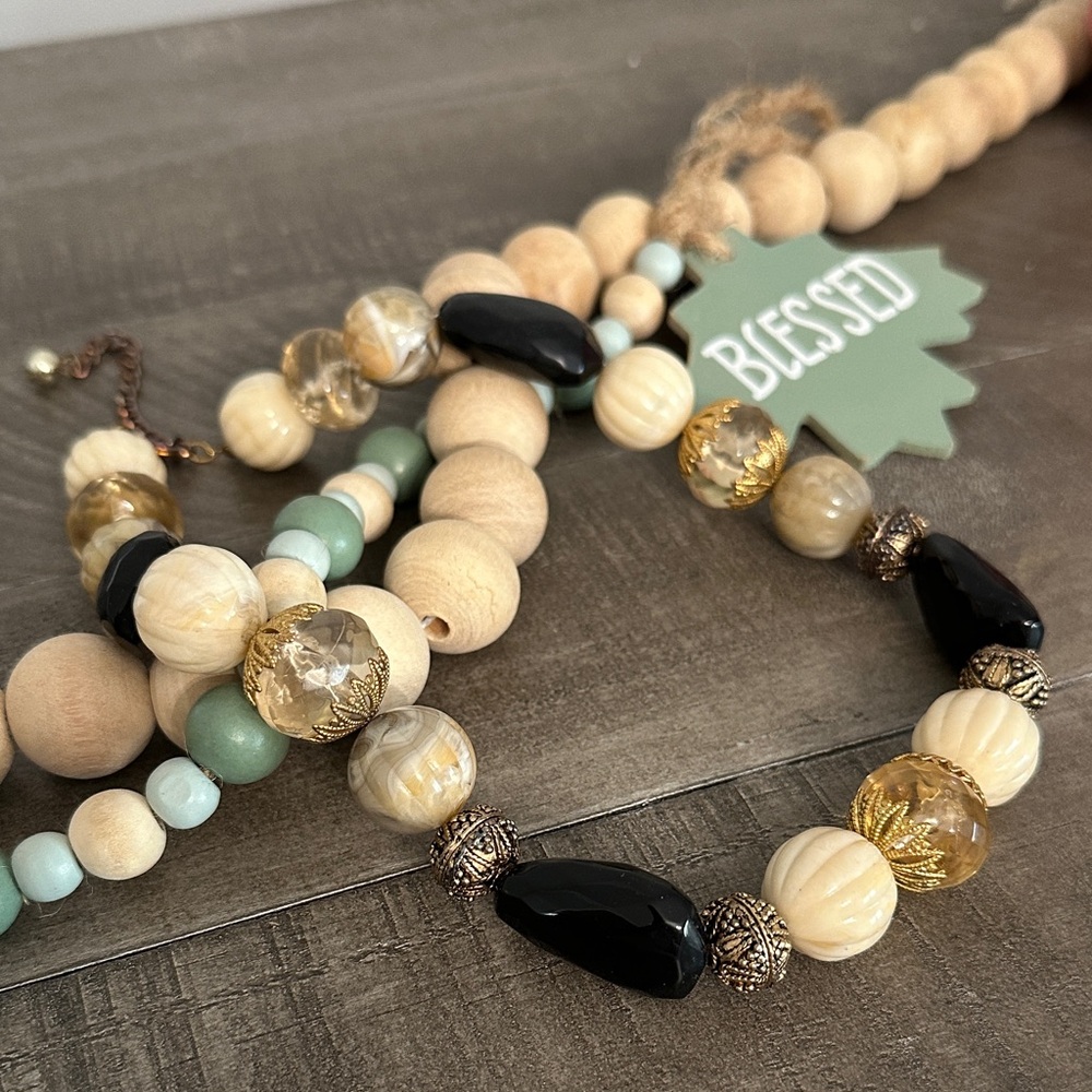 Vintage Beaded Necklace with Black and Cream Accents